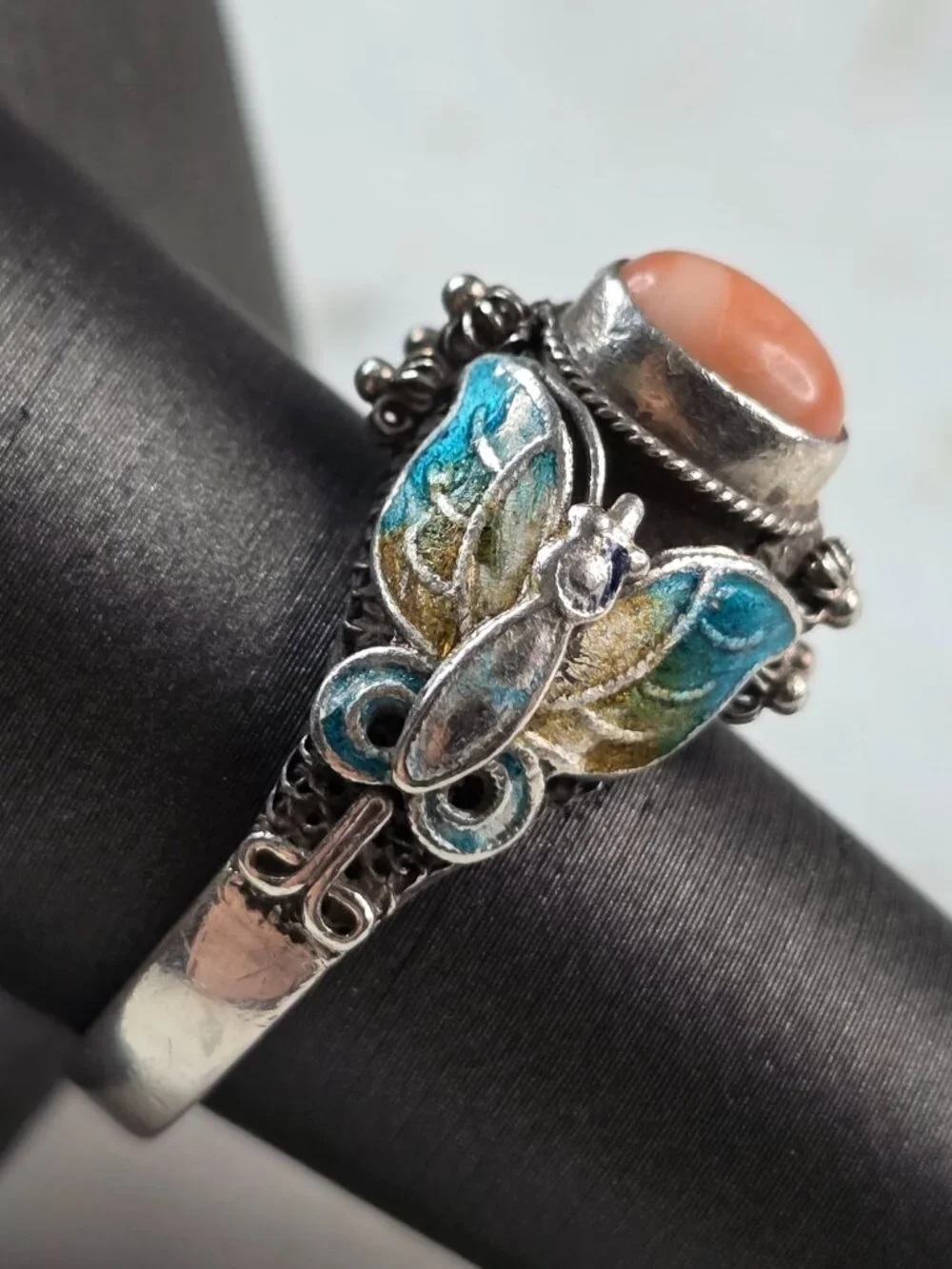 Womens Vintage Sterling Silver Southwest Coral Enamel Butterfly Ring 5.8g E635